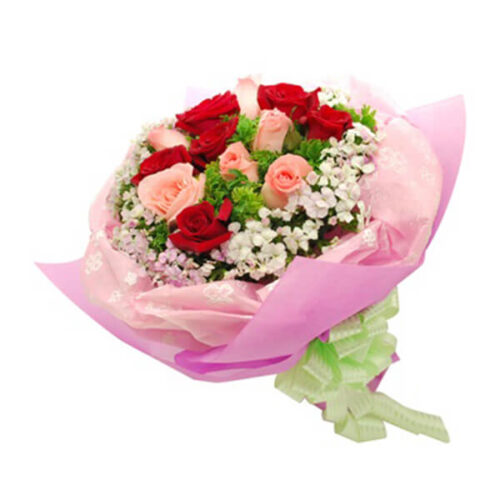 colorful roses with sweet williams leaves