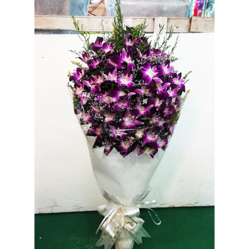 purple orchids open bouquet with limo