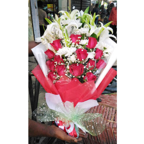 red roses with white mums lily gypsy hand bouquet