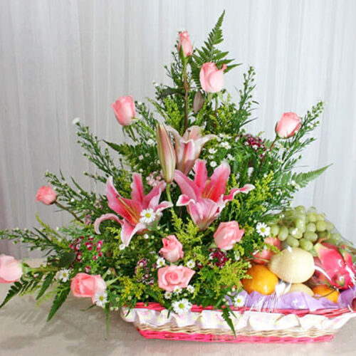 special basket for parents combining colorful flowers with fruits