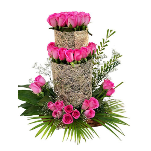 stylish nested basket of pink roses with limo gypsy