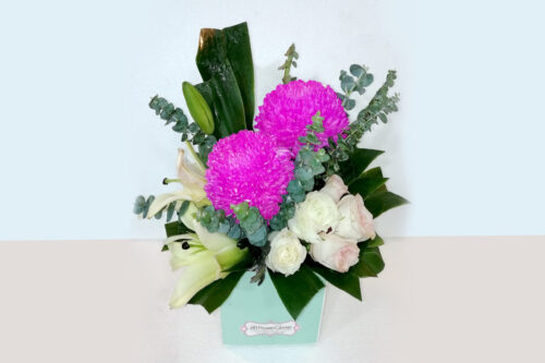 lovely box of pink snowball with white roses lillies abflowercenter