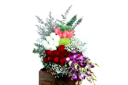 vase of blooming multicolor roses orchids with gypsies abflowercenter